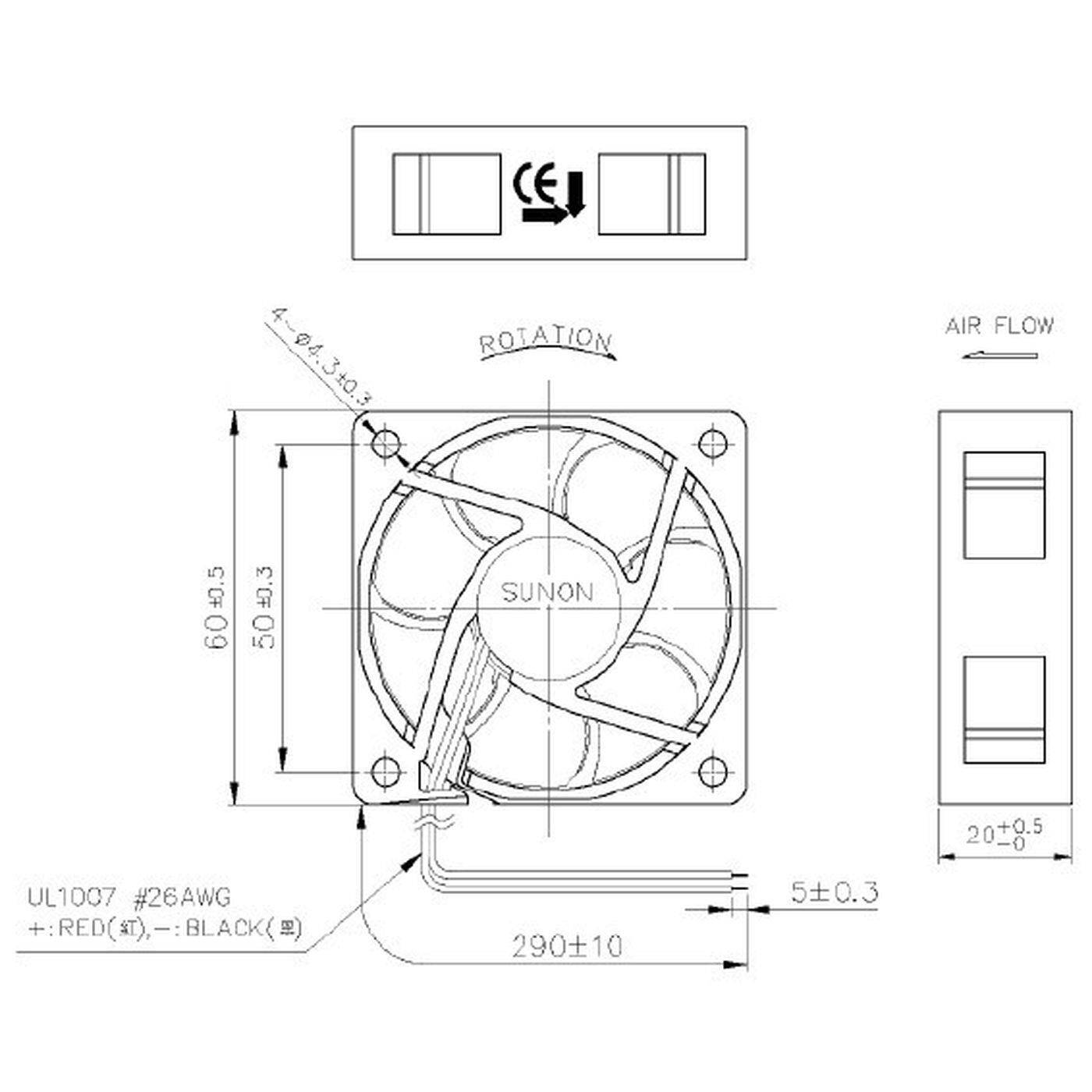 Fan 12V DC 0,78W 60x60x20mm 32,3m³/h 4200U/Min 32,3m³/h Sunon MF60201V21000UA99