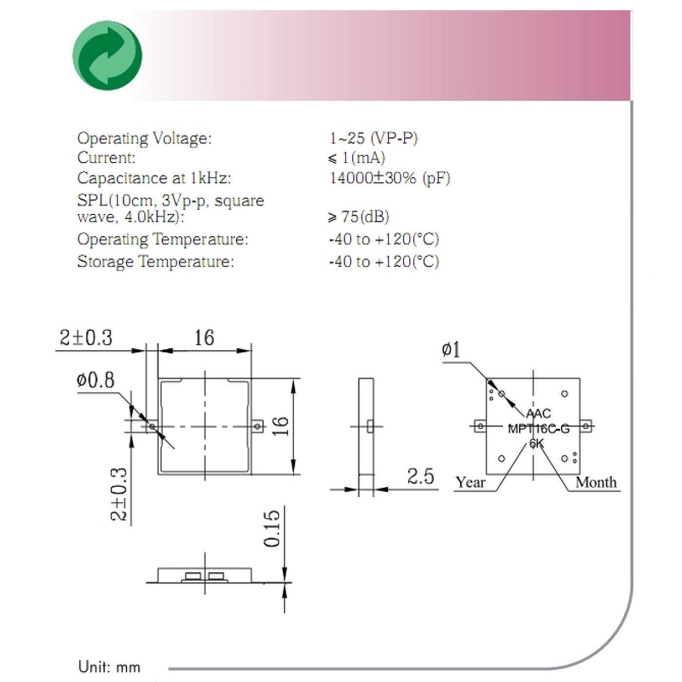 Piezo Schallwandler Schallgeber Signalgeber Buzzer Yec Electronics MPT16C-G Piezo Schallwandler Schallgeber Signalgeber Buzzer Yec Electronics MPT16C-G