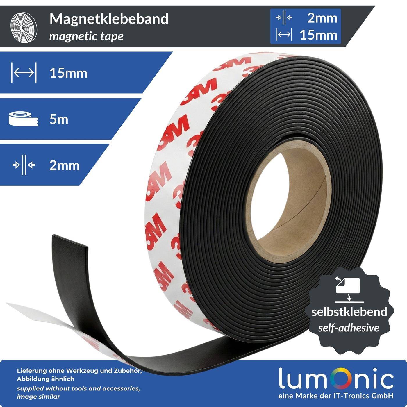 Lumonic 5m Magnetic tape | 15x2mm | Flexible, self-adhesive, can be cut to size, without drilling | Fly screen, school and blackboard