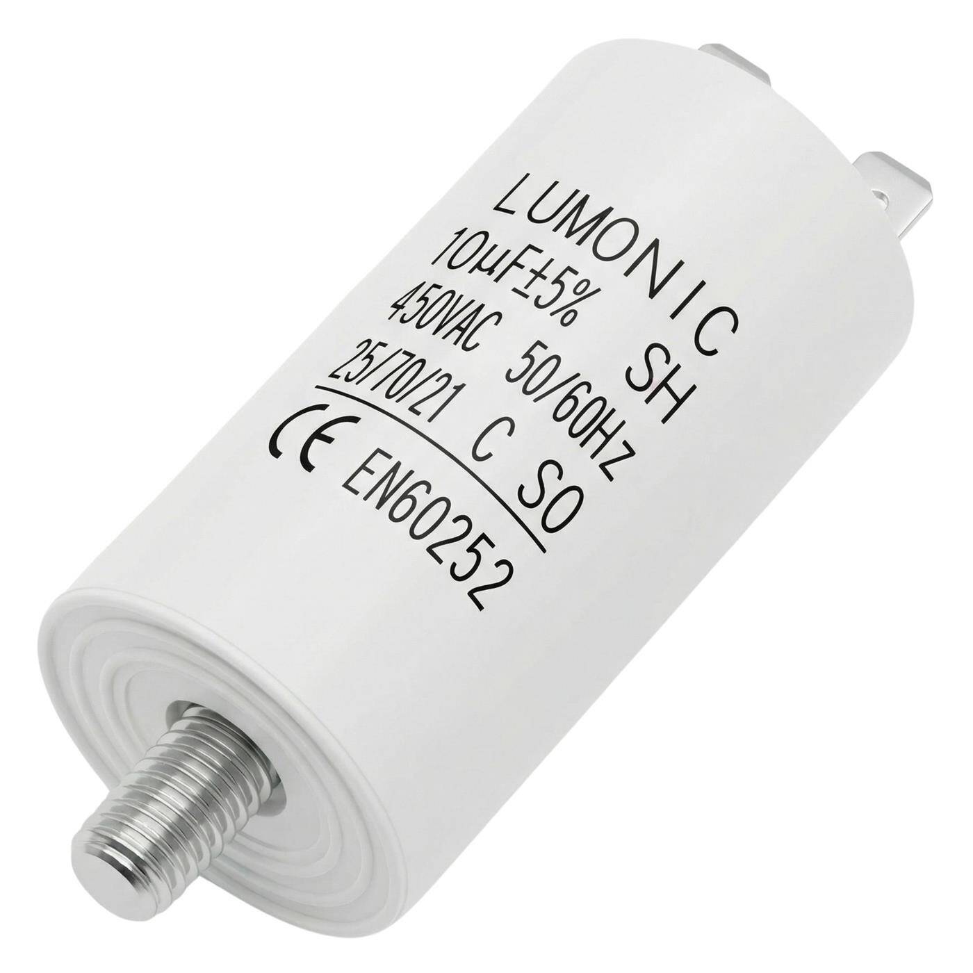 Lumonic Anlaufkondensator 10µF 450V | mit Stecker I 30x60mm I 10uF I Motorkondensator mit Kunststoffgehäuse I Betriebskondensator I für Pumpen, Rasenmäher, Werkzeuge