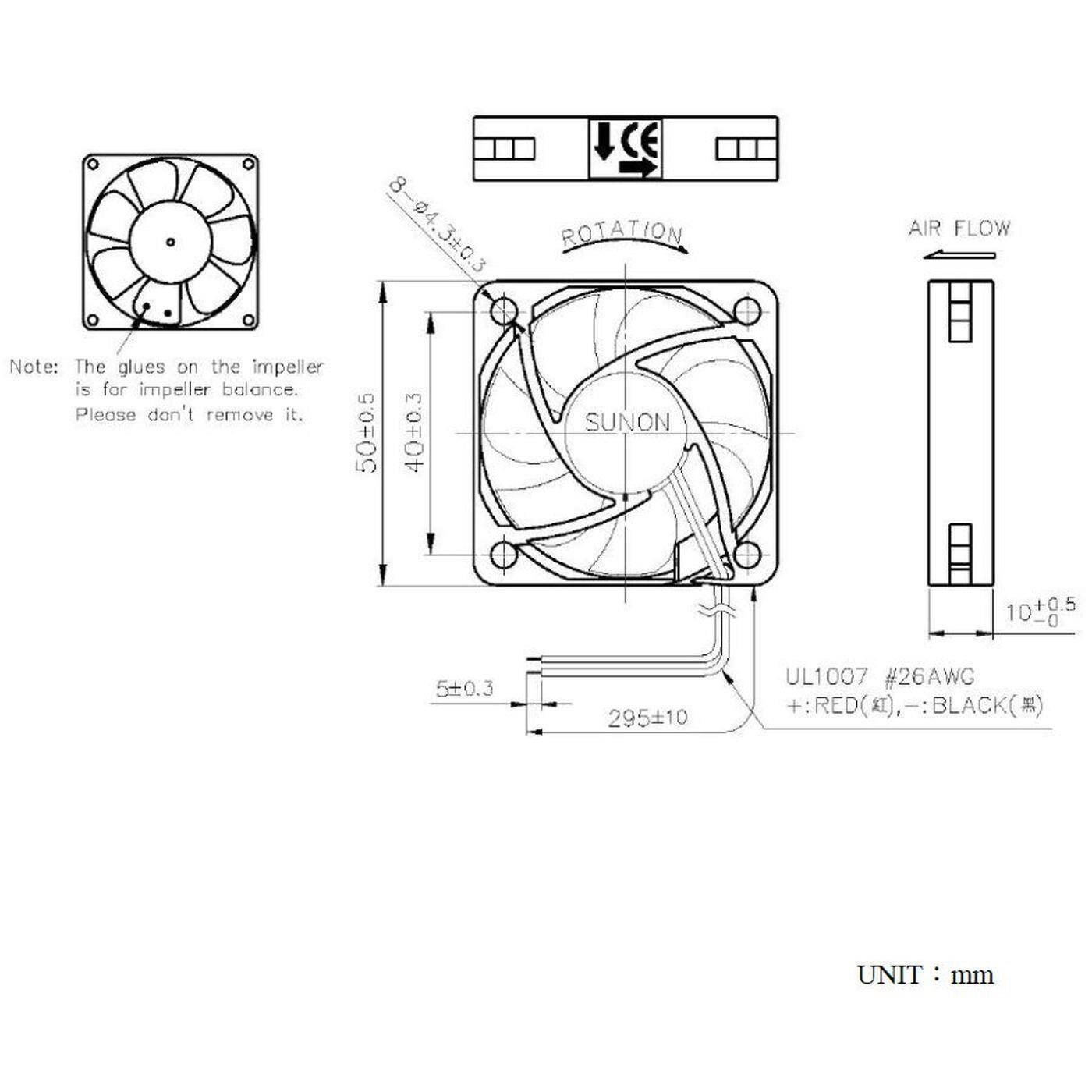 Fan 12V DC 0,6W 50x50x10mm 18,7m³/h 4800U/Min 18,7m³/h Sunon MF50101V21000UA99