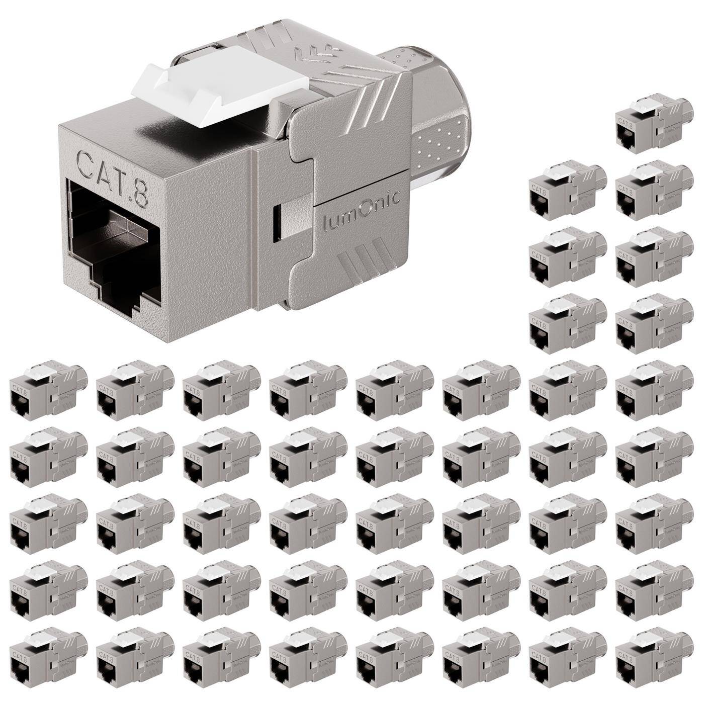 Lumonic 48er Set Premium Keystone RJ45 CAT8.1 | werkzeuglose Montage | T568A/B farbcodiert | für Wanddose + Patchpanel | PoE, bis 40Gbit/s | 360° Schirmung | Zugentlastung mit Überwurfmutter | Metall