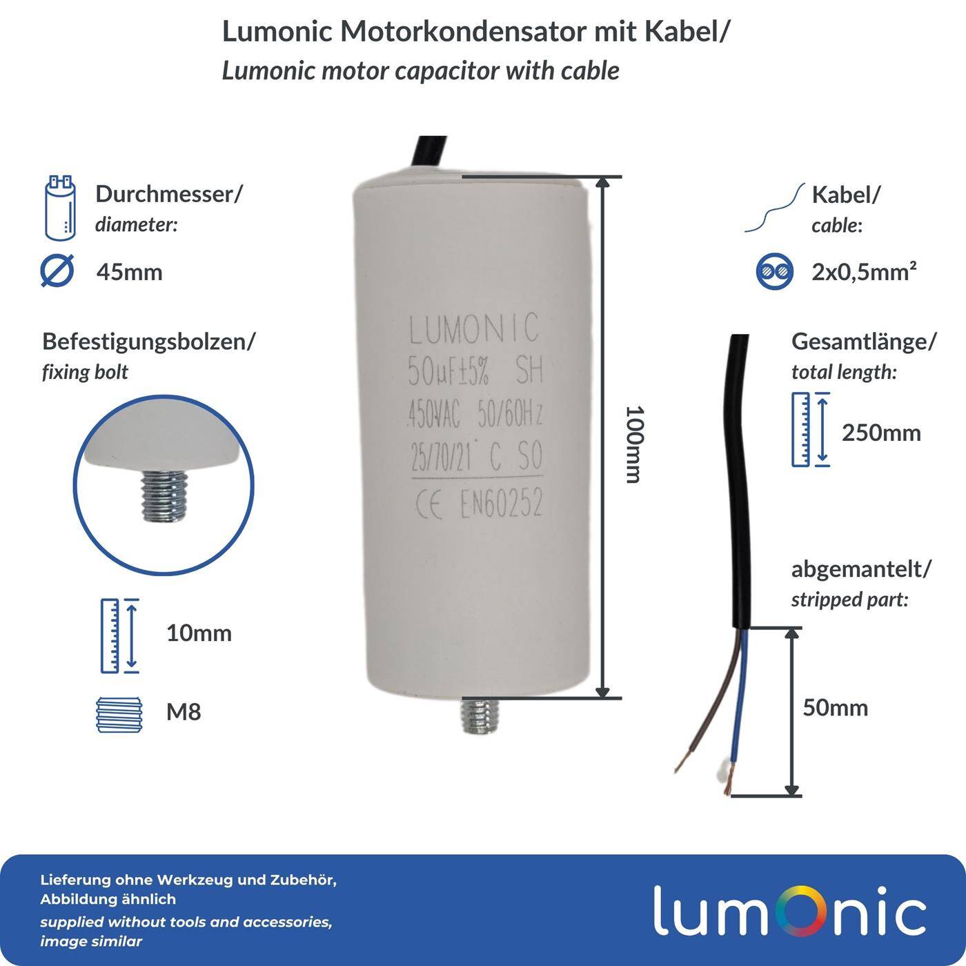 Lumonic Anlaufkondensator 50µF 450V | mit Kabel I 45x100mm I 50uF I Motorkondensator mit Kunststoffgehäuse I Betriebskondensator I für Pumpen, Rasenmäher, Werkzeuge