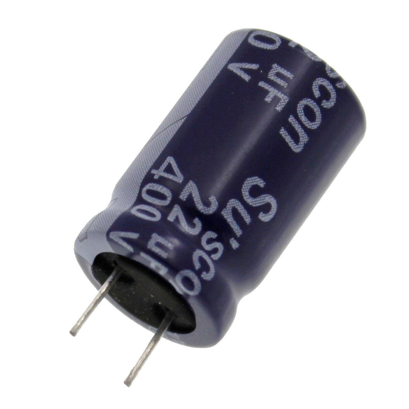 Elko Kondensator Radial 22µF 400V | Elektrolytkondensator bis zu einer Temperatur von 85°C | 13x21mm | 22uF ML400M220I21T008P Suscon