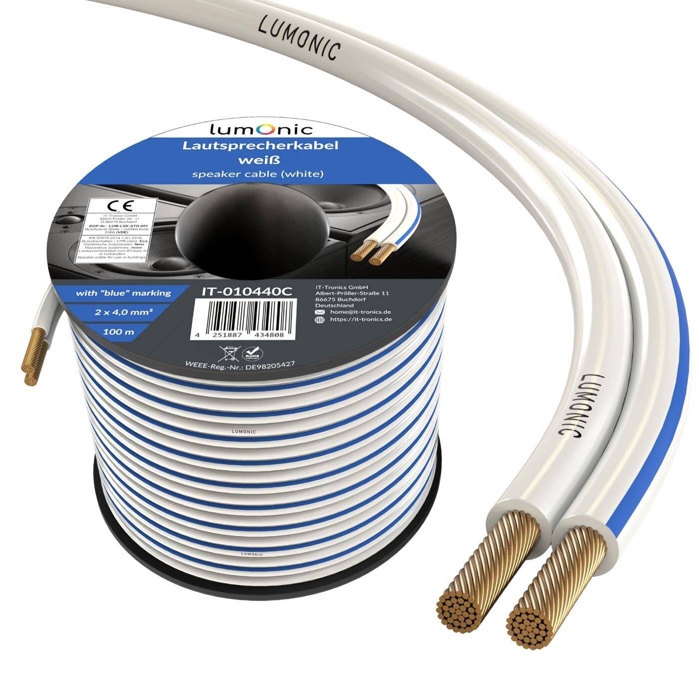 Lumonic Lautsprecherkabel | 100m Weiß | 2x 4mm² CCA | blaue Markierung HiFi Boxenkabel | Audio Zwillingsleitung