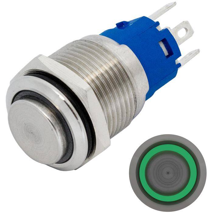 Stainless steel Pressure switch raised Ø16mm Ring LED Green IP65 2,8x0,5mm Pins 250V 3A Vandal-proof