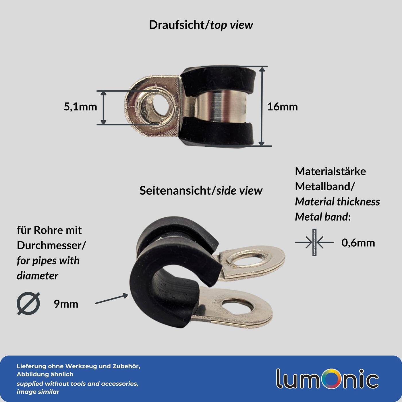5x P-Clip Leitungsschelle Edelstahl V2A mit Gummi 9mm Rohrschelle Befestigungsschelle