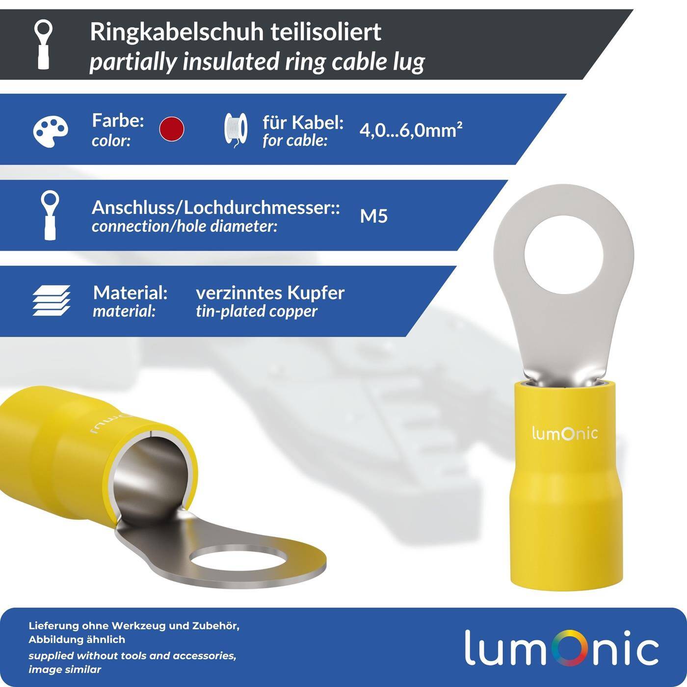 25x Ring cable lug partially insulated 4-6mm² Hole diameter M5 Yellow Ring lug Copper tinned 25x Ring cable lug partially insulated 4-6mm² Hole diameter M5 Yellow Ring lug Copper tinned