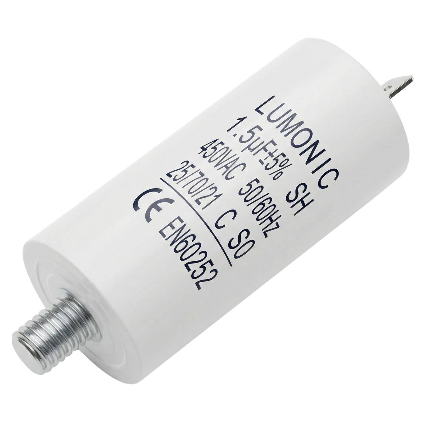 Lumonic Anlaufkondensator 1,5µF 450V | mit Stecker I 26x55mm I 1,5uF I Motorkondensator mit Kunststoffgehäuse I Betriebskondensator I für Pumpen, Rasenmäher, Werkzeuge