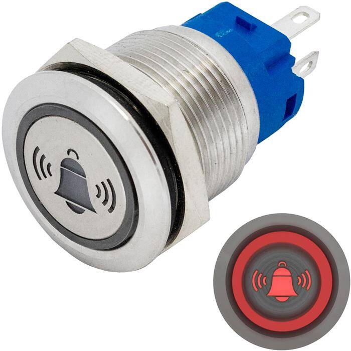 Edelstahl Drucktaster Flach Ø19mm Glocke LED Rot IP65 2,8x0,5mm Pins 250V 3A Vandalismussicher