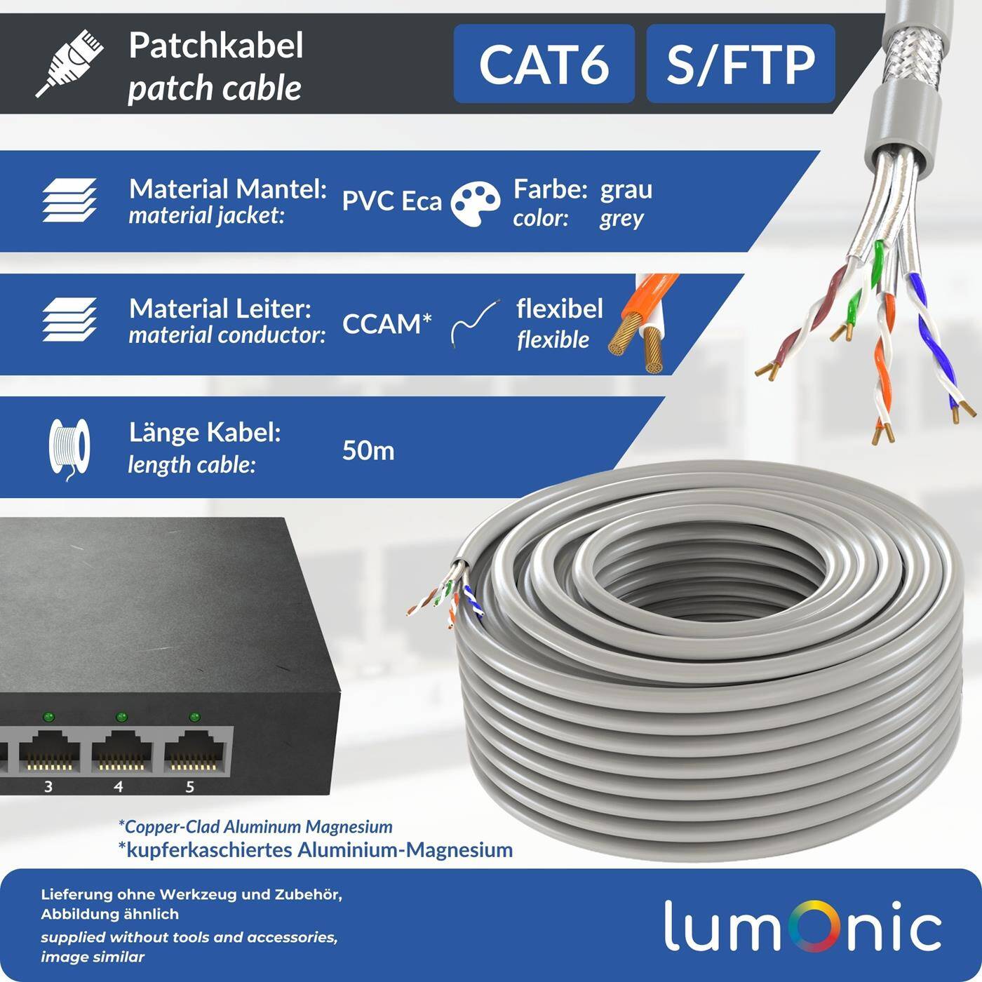Lumonic LAN Netzwerkkabel 50m | LAN Kabel CAT6 S/FTP | Patchkabel  4x 2x AWG26/7 (verseilt) | 250MHz 10 Gbit/s Ethernet