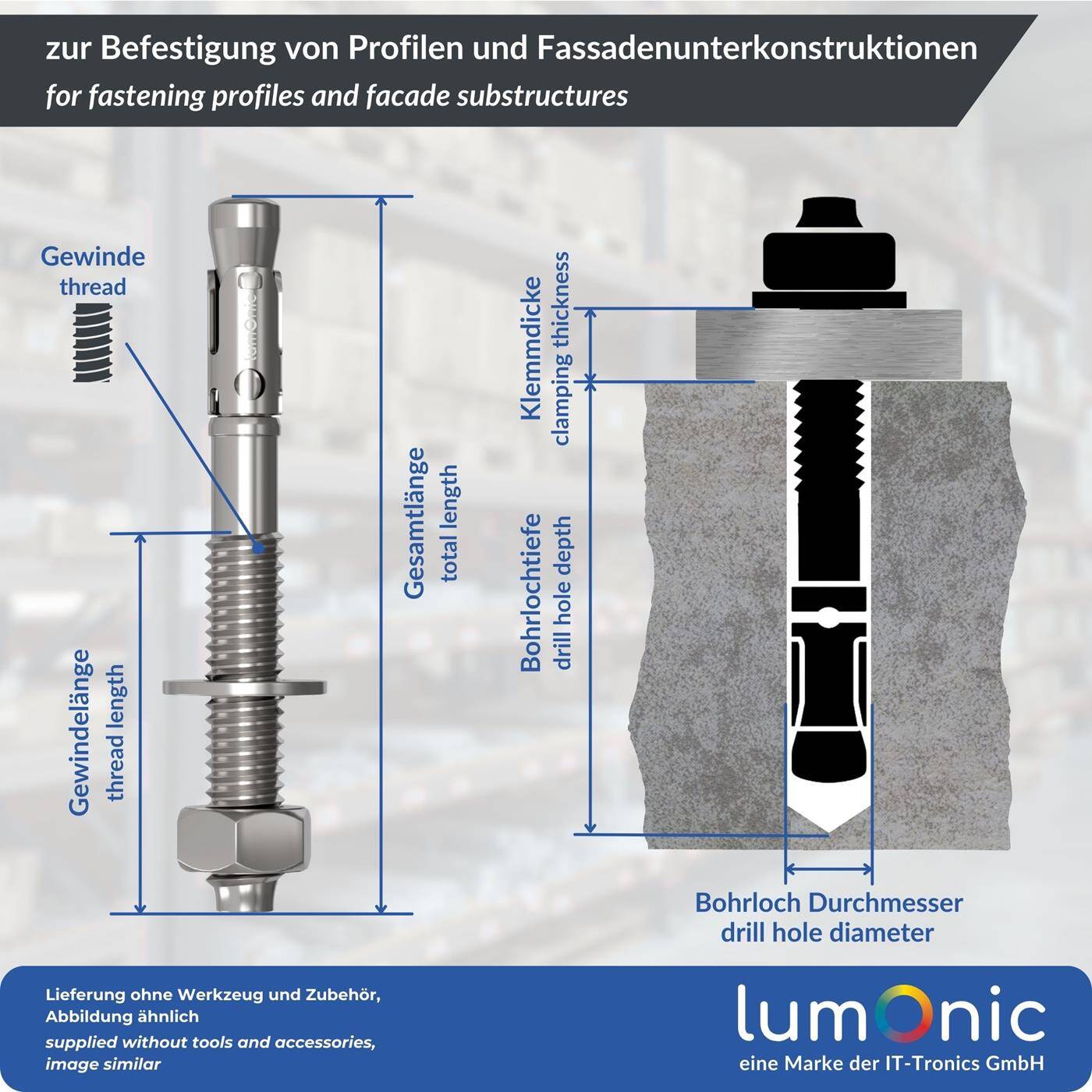 Lumonic Schwerlastdübel M10 x 90mm | hochwertige Edelstahl V2A Keilanker | Durchsteckmontage,  | Betonanker, Schwerlastanker | für Überdachungen, Geländer, Regale, Trennwände