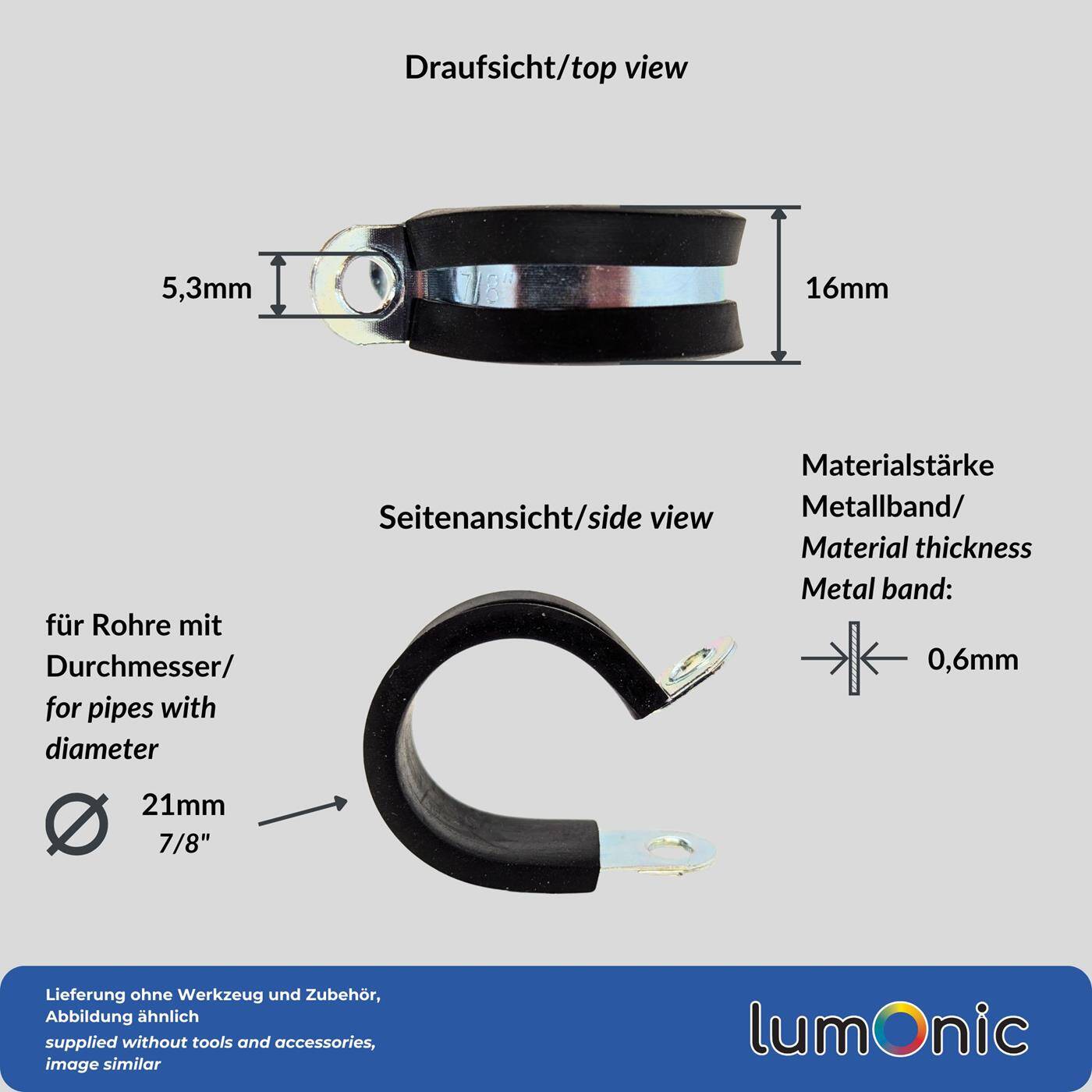 Lumonic 5x 21mm Rohrschellen mit Gummieinlage I Kabelschellen zum Schrauben I Schlauchschelle 21mm, Rohrschellen, Befestigungsschelle 21mm, Rohrhalterung