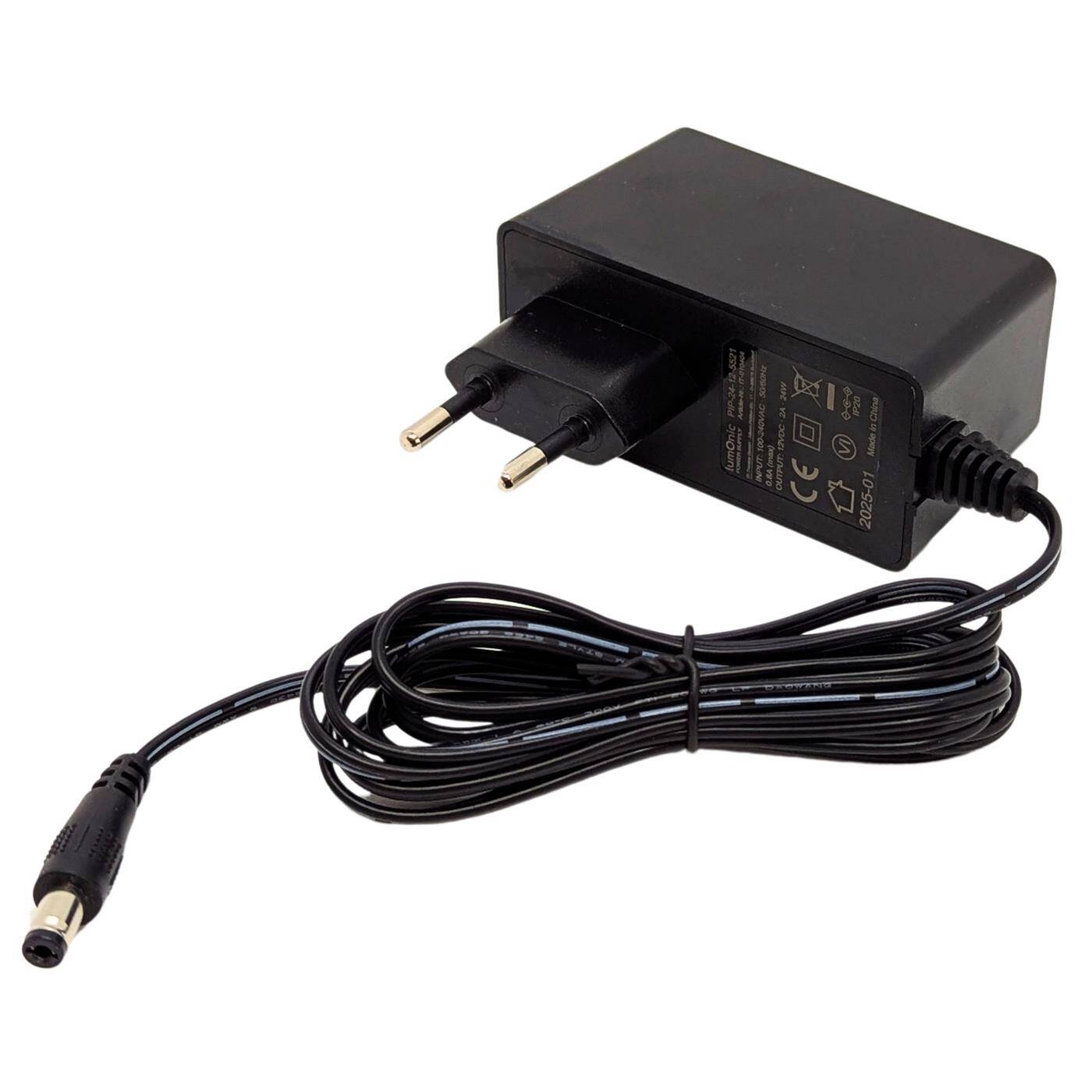 Lumonic I LED plug-in power supply PIP-24-12 I 12V 24W I Input 100-240VAC I Extra long cable with hollow plug 5,5/2,1 I Overload protection I universeller EU-Netzadapter I for LED strips