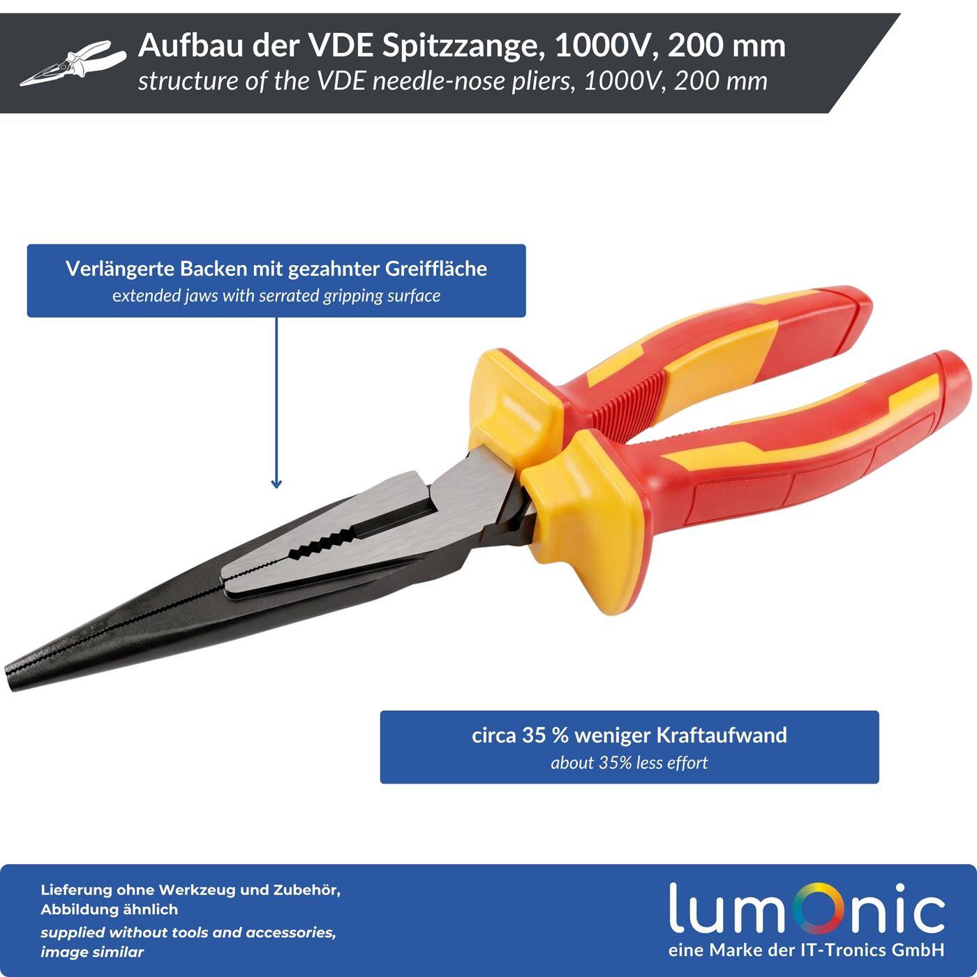 Lumonic VDE Needle-Nose Pliers, 1000 V Heavy-Duty, 200 mm - Extended serrated jaws, 60CrV steel, two-component handle, for control cabinets and junction boxes