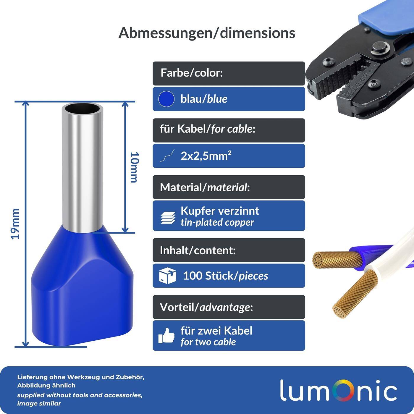 Lumonic 100 x 2,5mm² TWIN Aderendhülsen isoliert blau I Die Länge der Zwillingsaderendhülse für 2 Leitungen beträgt 8mm I Verzinnt zum Schutz gegen Korrosion