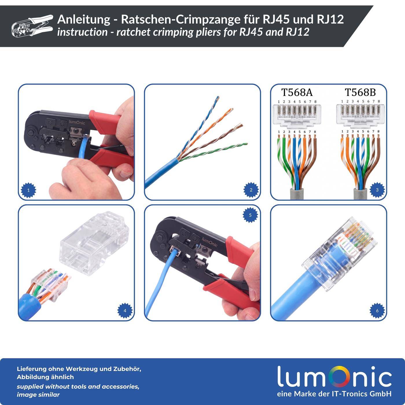 Lumonic Ratchet crimping pliers for RJ45 and RJ12 - ratchet mechanism, metal body, RJ45 and RJ12 dies, for all CAT classes, network crimping pliers for network connectors