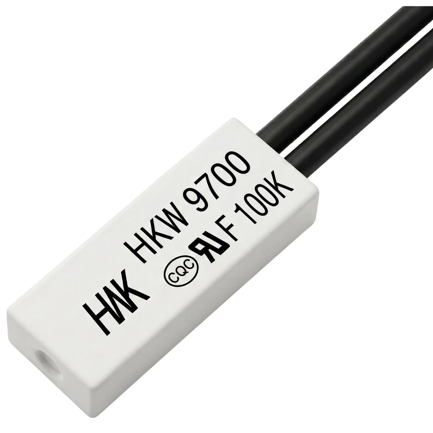 Lumonic HKW9700 Temperaturschalter flach | 100°C ± 5°C | Schließer NO | max. AC 250V/5A | max. DC 24V/8A | Kabel 70mm | 21x8x4mm | Thermoschalter, Bimetall, KSD9700 | Motoren, Setzteile, Heizlüfter