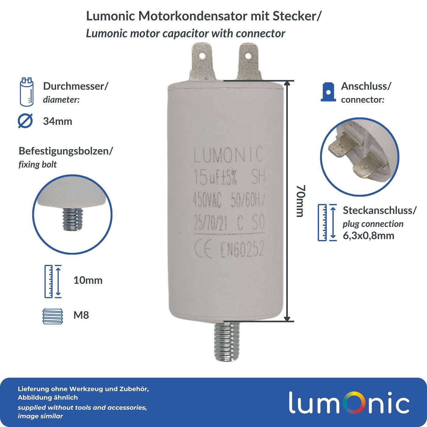 Lumonic Anlaufkondensator 15µF 450V | mit Stecker I 34x70mm I 15uF I Motorkondensator mit Kunststoffgehäuse I Betriebskondensator I für Pumpen, Rasenmäher, Werkzeuge