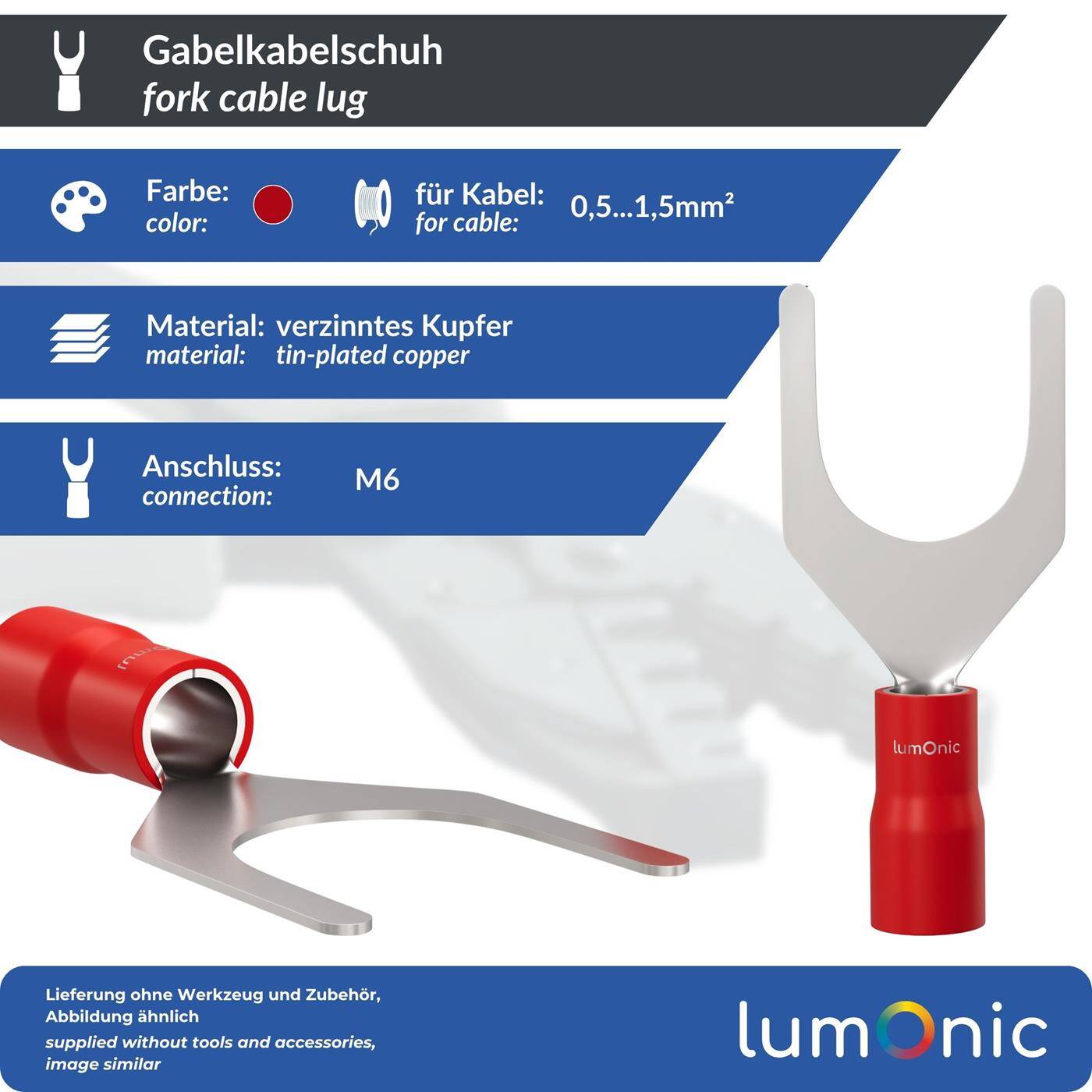 Lumonic 25x Gabelkabelschuh 0,5-1,5mm² teilisoliert | M6 | Kupfer verzinnt | sichere Kabelverbindung ohne Löten | Set mit 25 Stück Crimp-Kabelschuh, Quetschverbinder | KFZ, Maschinenbau, Wohnmobil, Batterie