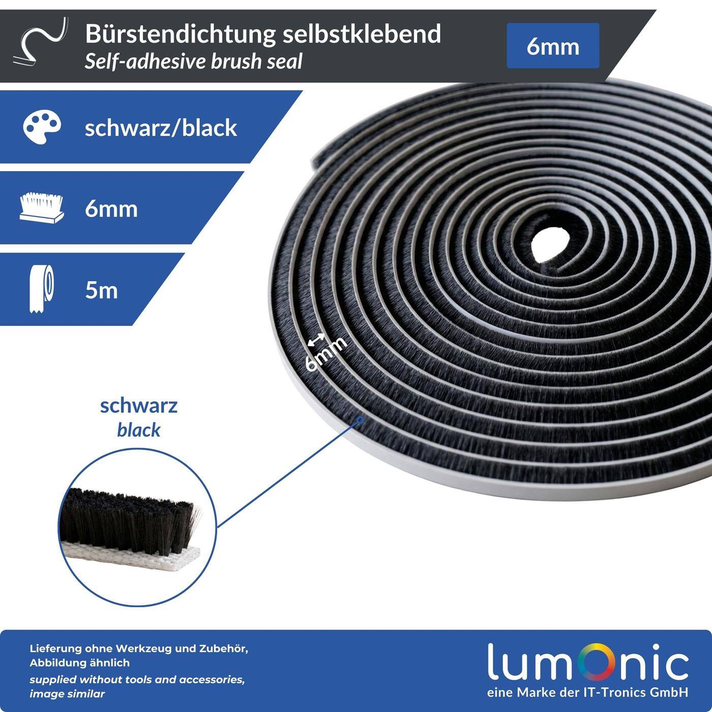 5m Brush seal black 6mm Self-adhesive + Can be cut to size Draught excluder Cold protection Insect screen for windows Doors Cupboard