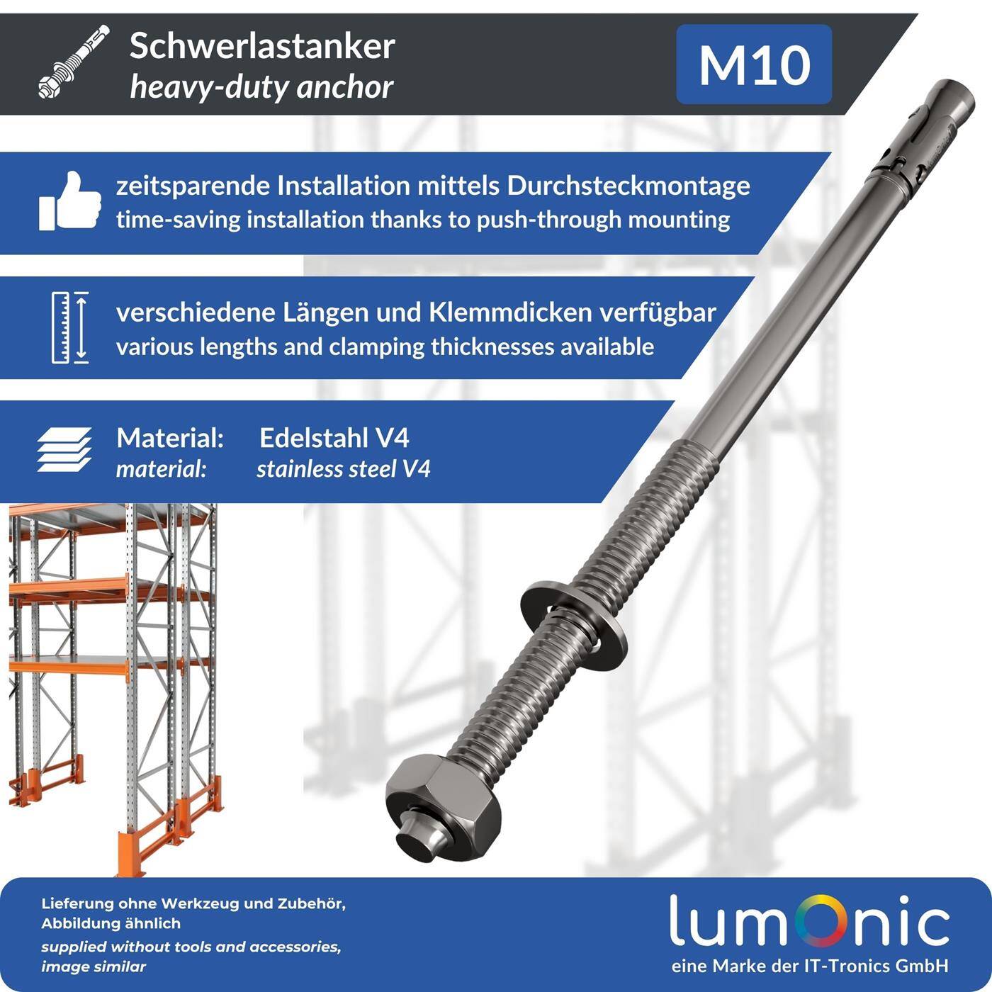 Lumonic Schwerlastdübel M10 x 210mm | hochwertige Edelstahl V2A Keilanker | Durchsteckmontage,  | Betonanker, Schwerlastanker | für Überdachungen, Geländer, Regale, Trennwände