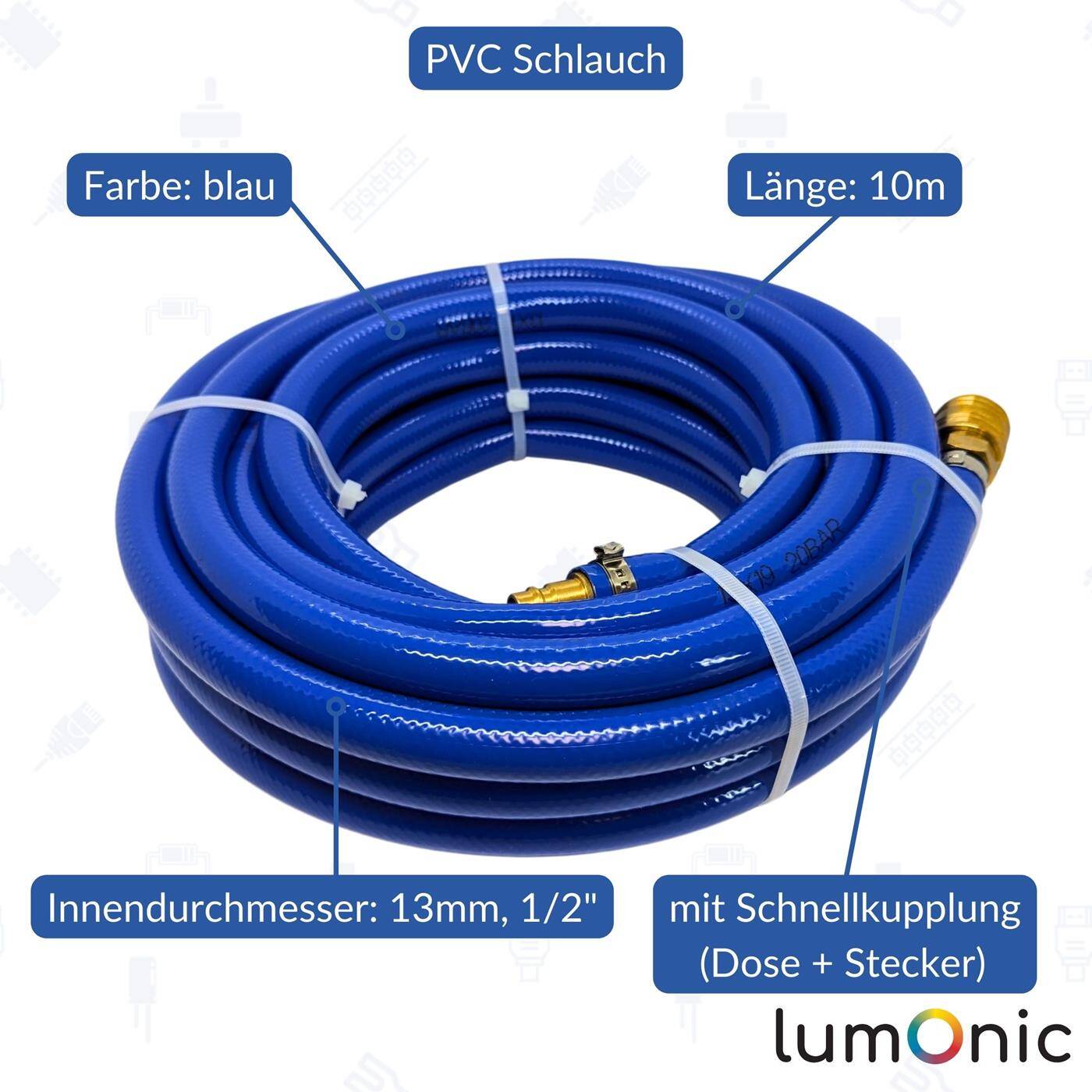 10m Druckluftschlauch mit Schnellkupplung 13mm PVC Druckluftverlängerung Dose & Stecker fertig konfektioniert flexibel, abriebfest und gewebeverstärkt 10m Druckluftschlauch mit Schnellkupplung 13mm PVC Druckluftverlängerung Dose & Stecker fertig konfektioniert flexibel, abriebfest und gewebeverstärkt