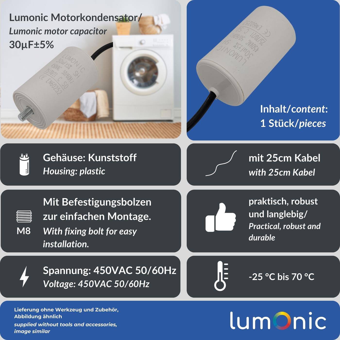 Lumonic Anlaufkondensator 30µF 450V | mit Kabel I 45x75mm I 30uF I Motorkondensator mit Kunststoffgehäuse I Betriebskondensator I für Pumpen, Rasenmäher, Werkzeuge