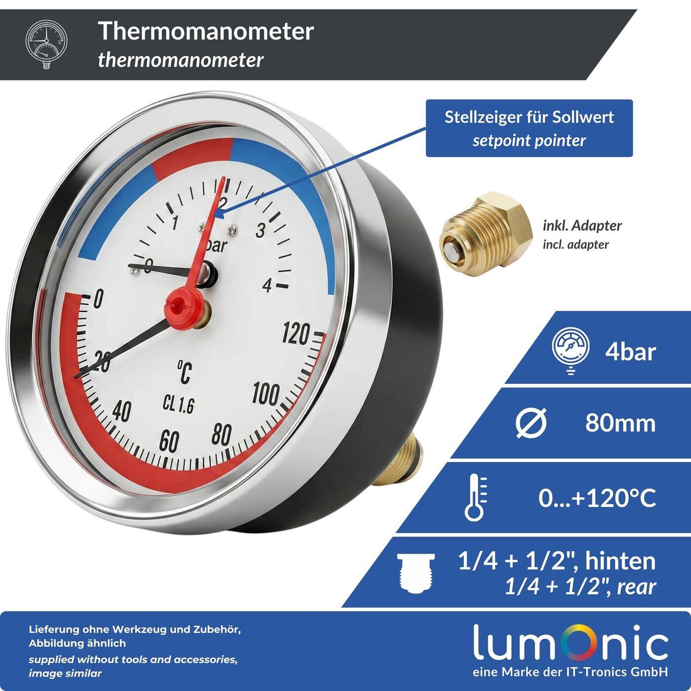 Lumonic Thermomanometer 4bar 0-120°C | 1/4 + 1/2 inch (adapter) | Rear connection | Ø 80mm, large scale | Heating pressure gauge | Metal housing