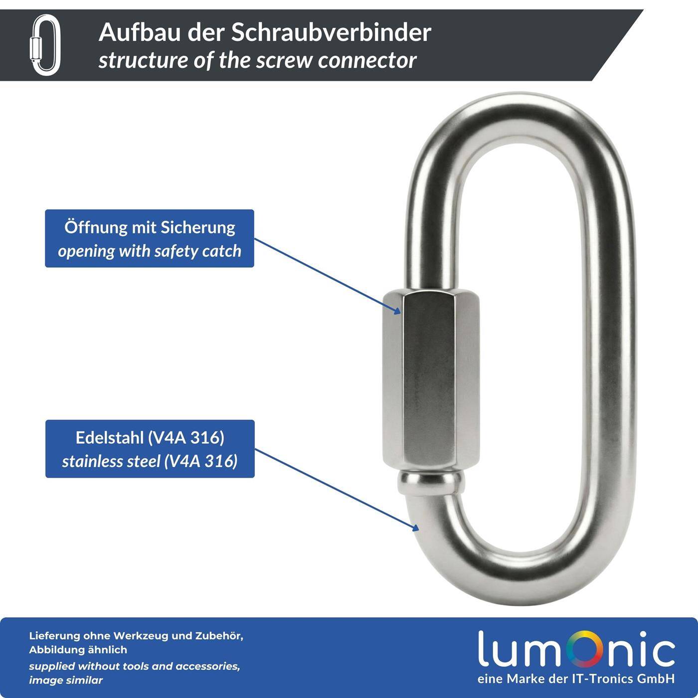 Lumonic Screw connector V4A stainless steel 8mm | d8x80mm | Stainless + seawater resistant | Hexagonal lock | Chain emergency link | Awning, garden