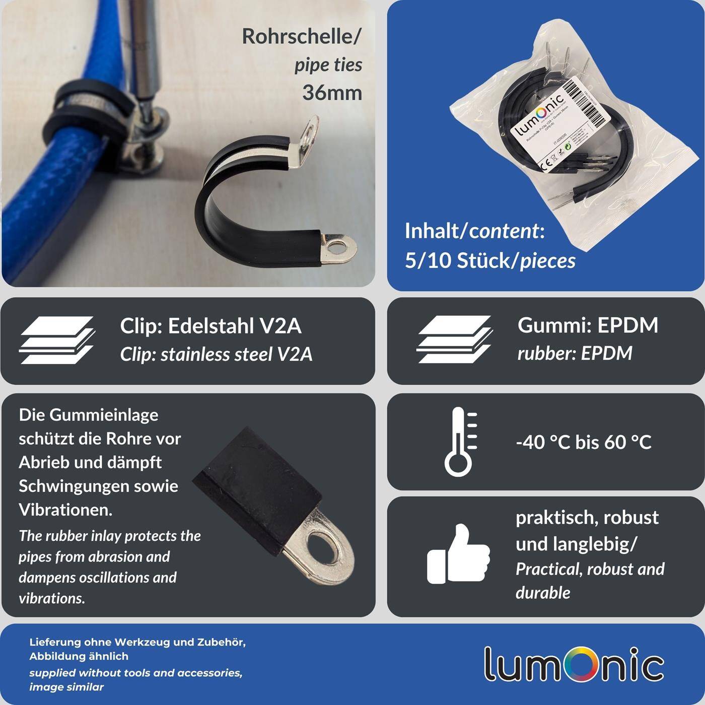 Lumonic 10x 36mm Rohrschellen mit Gummieinlage Edelstahl V2A I Kabelschellen zum Schrauben I Schlauchschelle 36mm, Rohrschellen, Befestigungsschelle 36mm, Rohrhalterung
