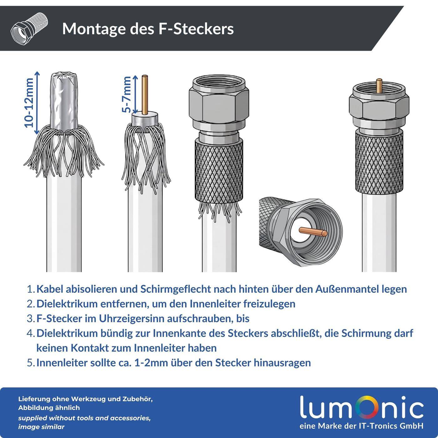 Lumonic F-Stecker Set vergoldet | 20x F-Stecker 7mm + 10x F-Verbinder | einfache Verlängerung von Antennenkabel | für Koaxialkabel, SAT Kabel, Kabelinternet