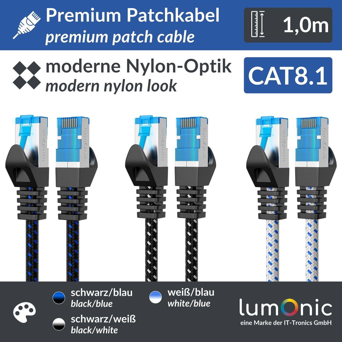 1m CAT8.1 Patchkabel S/FTP RJ45 Schwarz Weiß Premium Nylon Optik Ethernet LAN Netzwerkkabel
