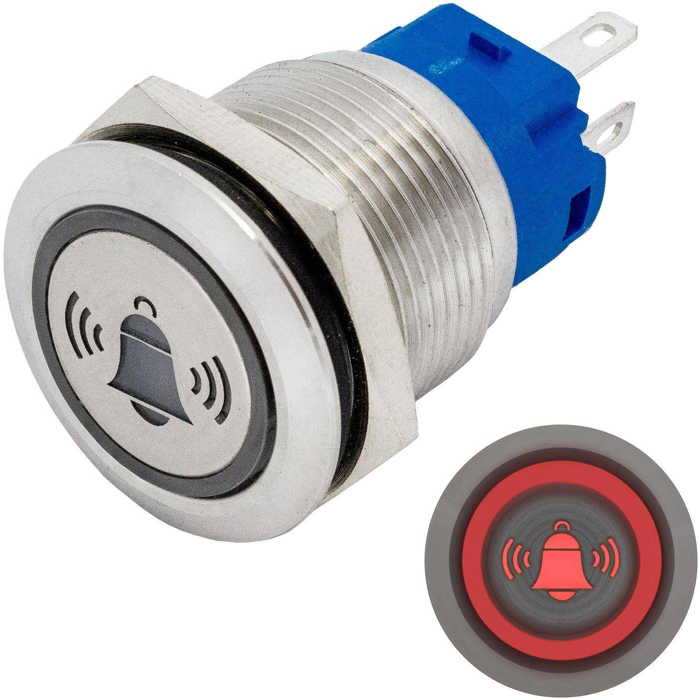Lumonic Edelstahl Drucktaster flach 19mm Durchmesser I Mit einer Glocke LED in Rot Maße: 2,8x0,5mm Pin s 250V 3A I Vandalismussicher nach dem IP65 Standard