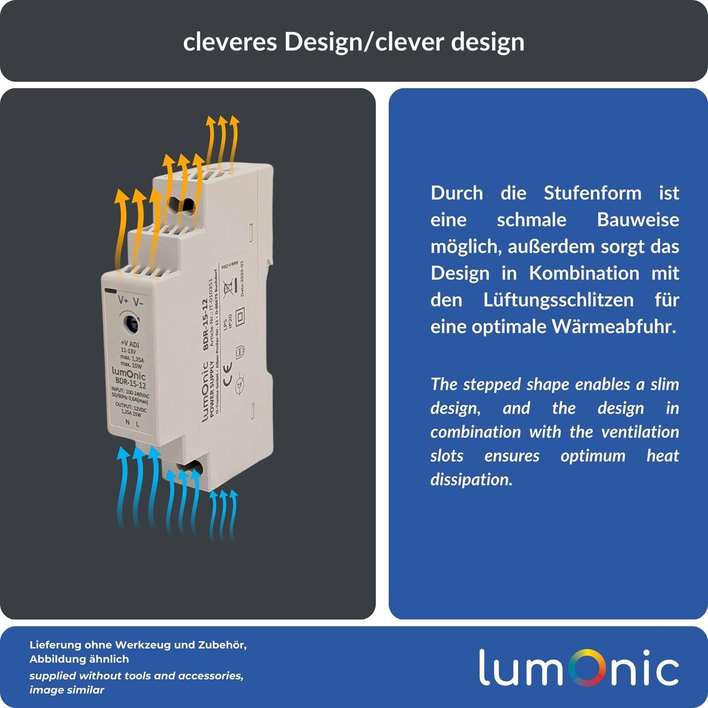 Lumonic I Netzteil Hutschiene BDR-15-12 I 12V / 15W I Input 100-240VAC I Überlastschutz & kurzschlussfest I DIN-Rail Schaltnetzteil I Schaltschrank & Verteilerkasten