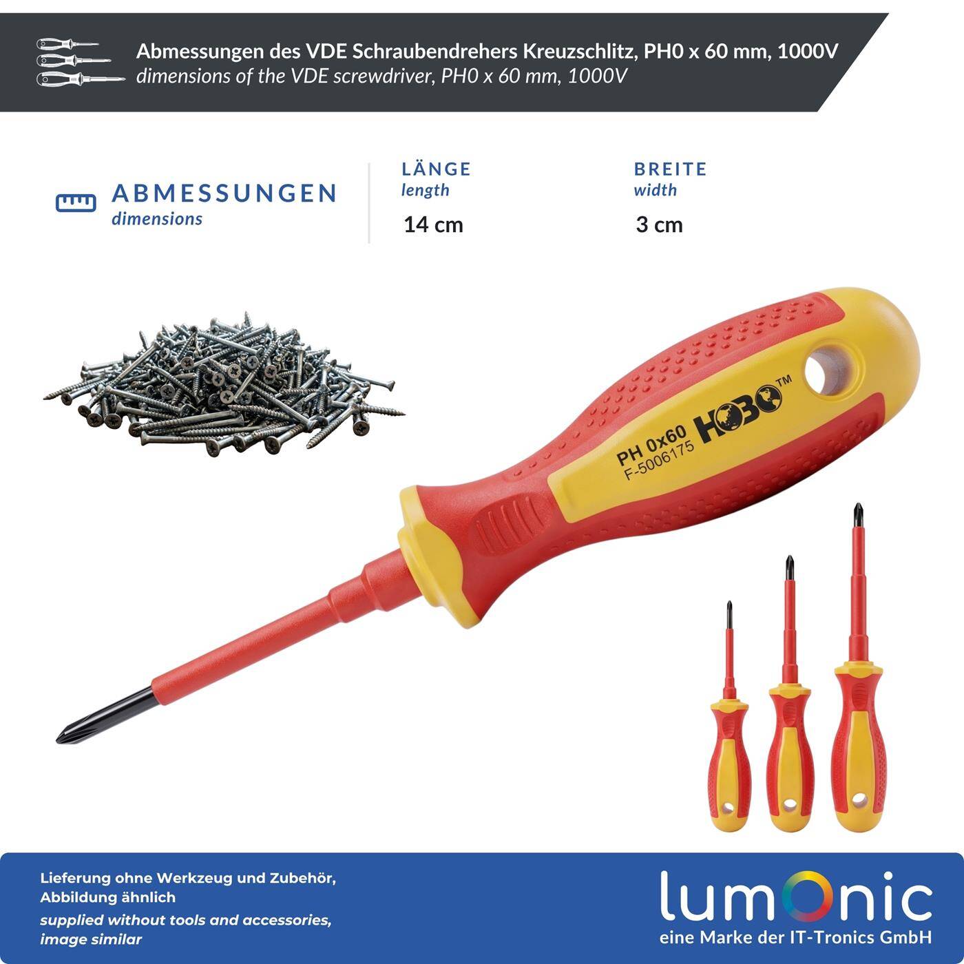 Lumonic VDE Phillips Screwdriver PH0 x 60 mm, 1000 V – S2 steel, burnished, magnetic tip, two-component handle, for electrical installations and control cabinets