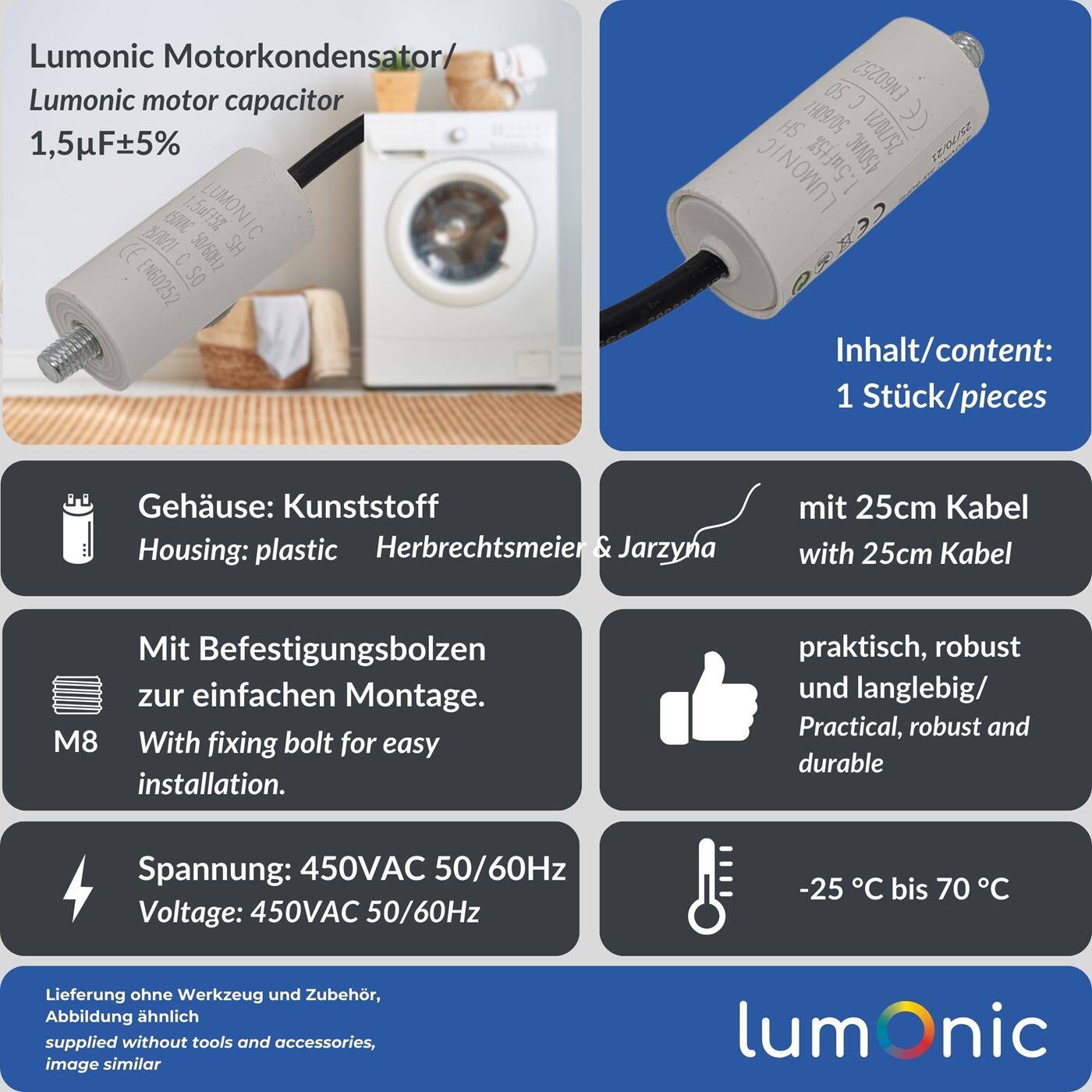 Lumonic Anlaufkondensator 1,5µF 450V | mit Kabel I 26x55mm I 1,5uF I Motorkondensator mit Kunststoffgehäuse I Betriebskondensator I für Pumpen, Rasenmäher, Werkzeuge
