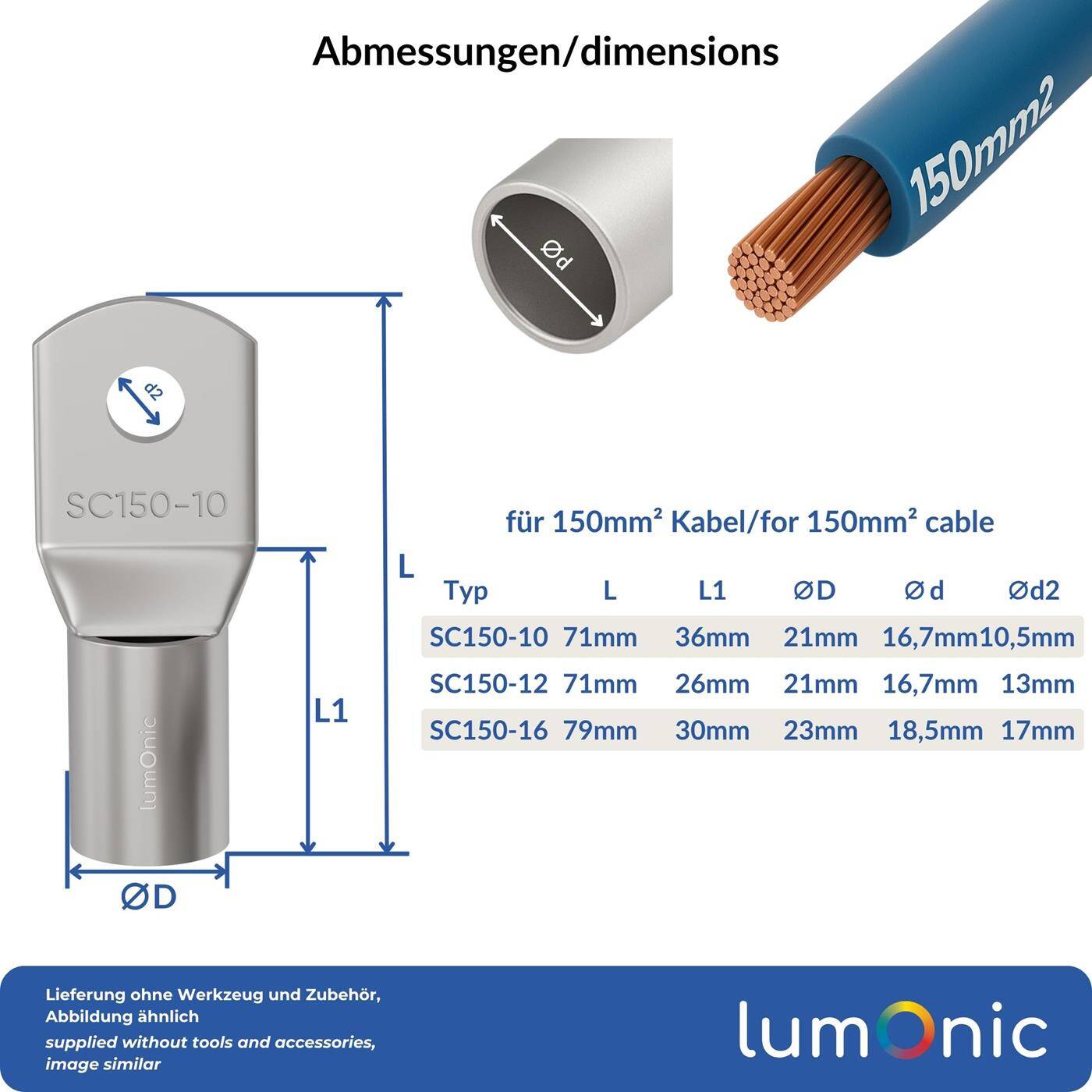 Lumonic 1x Rohrkabelschuh 150mm² blank | M16 | Kupfer verzinnt | Kabelverbindung ohne Löten | SC150-16, Crimp-Kabelschuh, Quetschverbinder | KFZ, Maschinenbau, Wohnmobil, Batterie