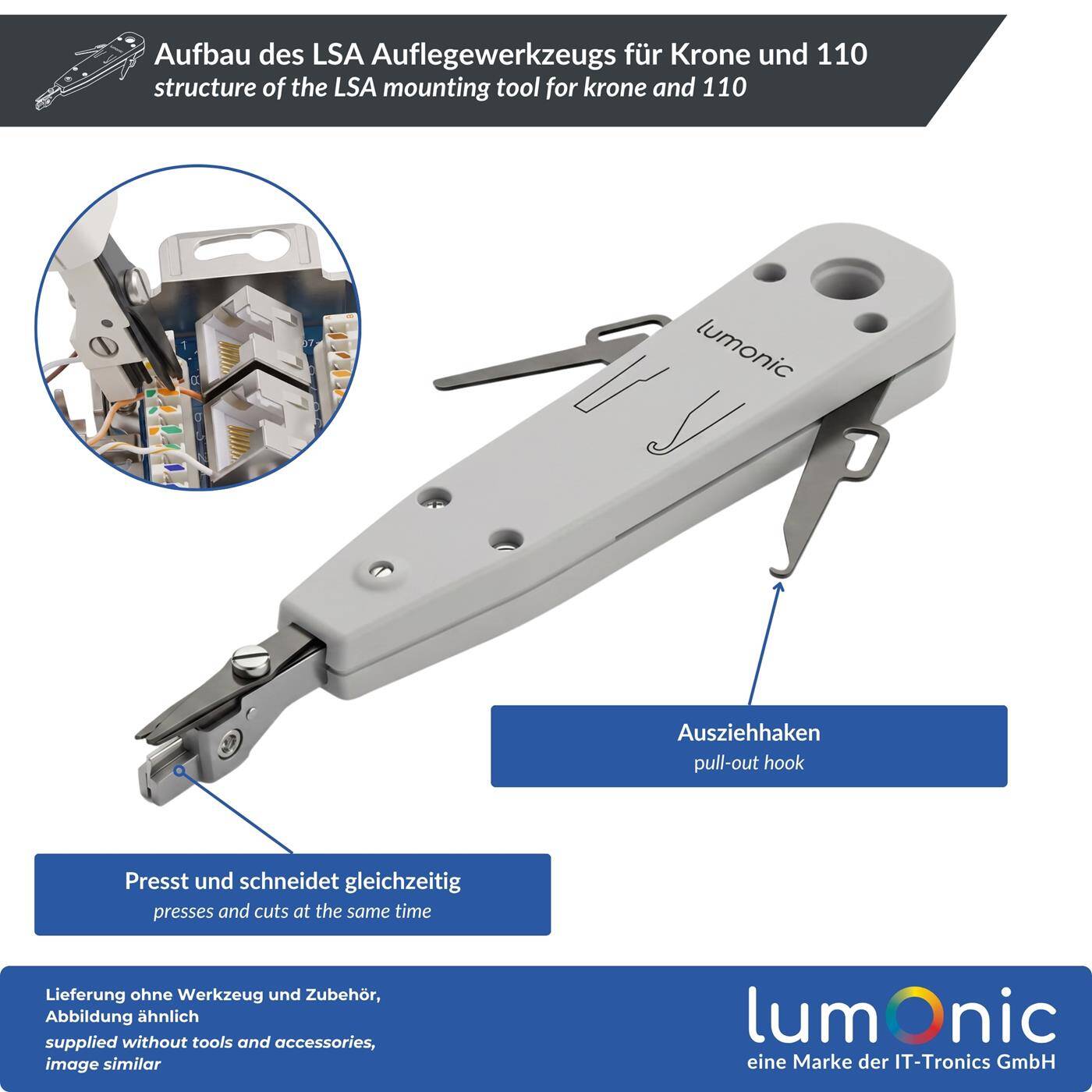 Lumonic LSA Auflegewerkzeug für Krone und 110 - kompatibel mit Krone/LSA Plus und 110, bündiges Abschneiden ohne Abisolieren, Aushebelhaken, für Patchpanel und Netzwerkdose