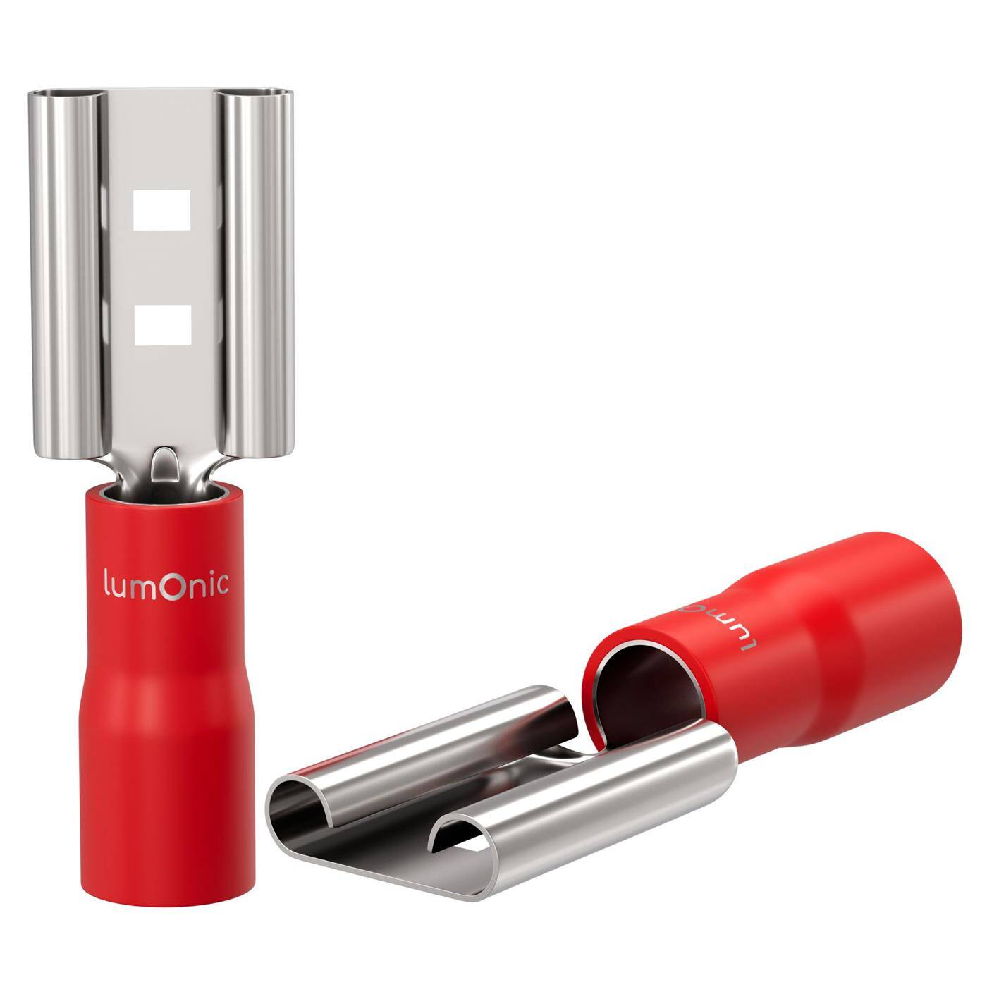 Lumonic 25x Flachsteckhülse 0,5-1,5mm²  | für Flachstecker 0,8 x 6,4mm | teilisoliert | Kabelverbinder ohne Löten | Messing verzinnt | KFZ, Maschinenbau