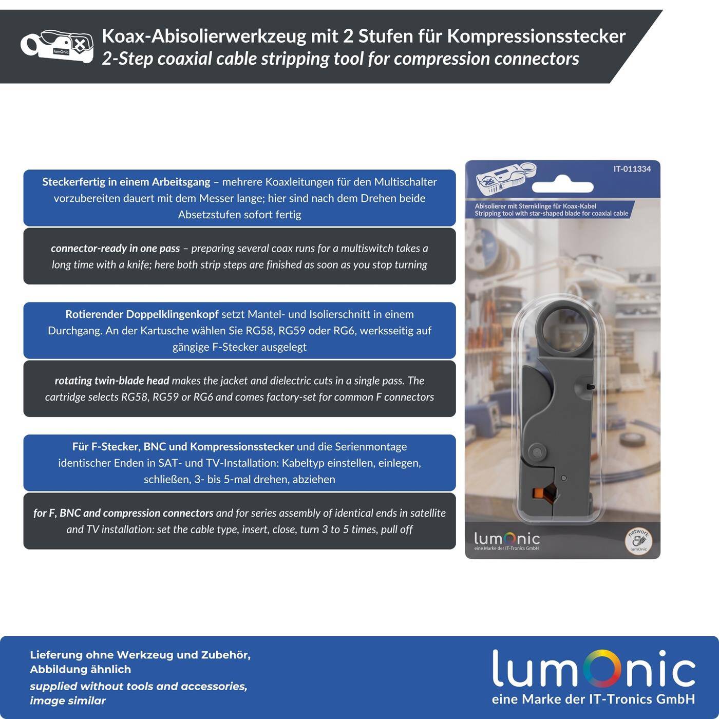Lumonic Koax-Abisolierwerkzeug mit 2 Stufen für Kompressionsstecker - Für RG58, RG59, RG6, F-Stecker, BNC und Kompressionsstecker, zwei Klingen in einem Arbeitsgang, Metallklingen, Serienmontage