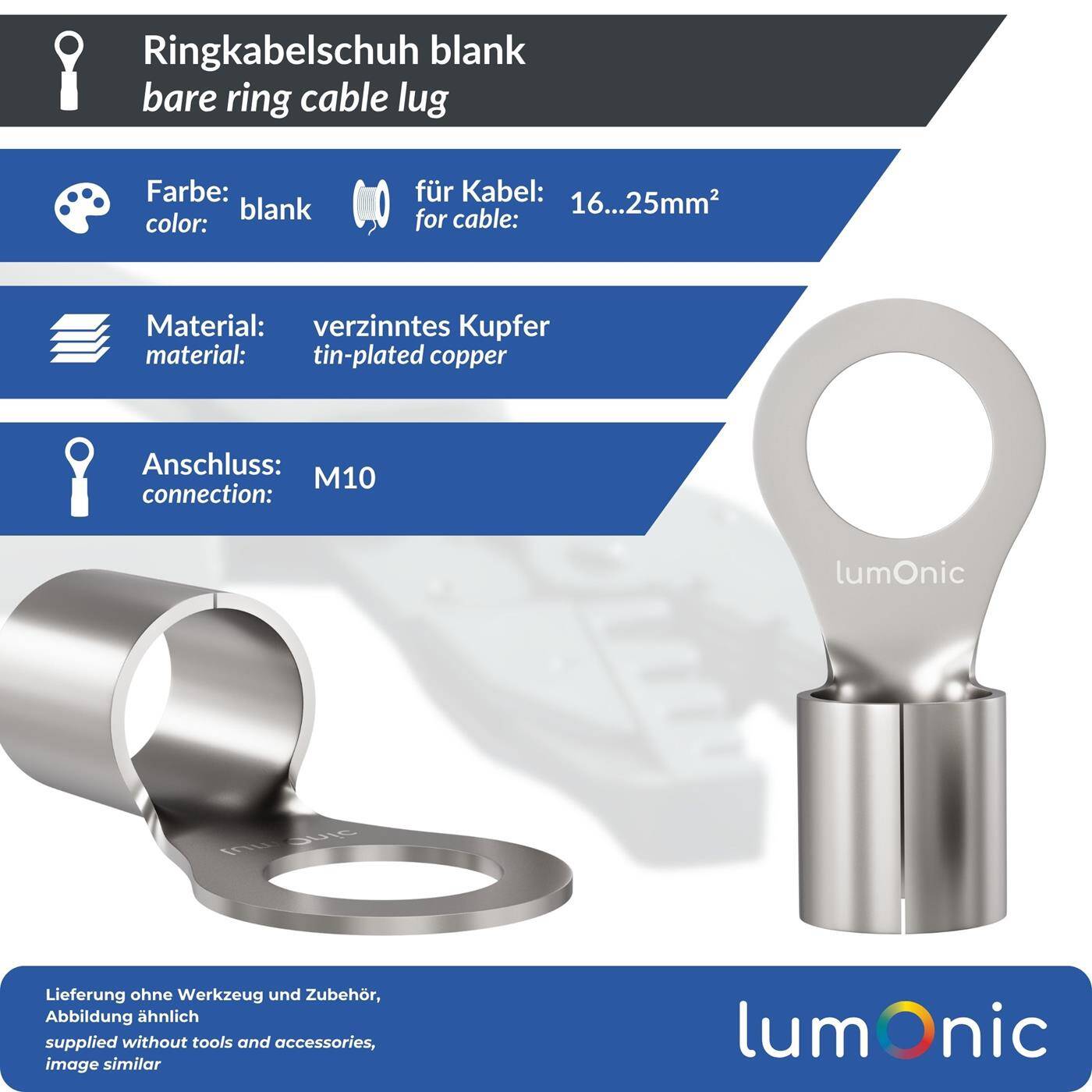 Lumonic 25x Ringkabelschuh 16-25mm² blank | M10 | Kupfer verzinnt | sichere Kabelverbindung ohne Löten | Crimp-Kabelschuh unisoliert | KFZ, Maschinenbau, Wohnmobil, Batterie