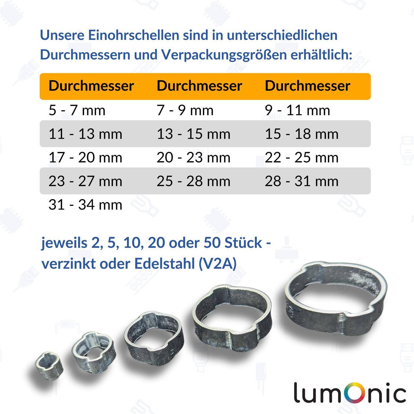 5x 2-ear clip 13-15mm V2A Stainless steel Two-ear clamp Hose clamp for Compressed air, Pipe systems, Garden, CAR