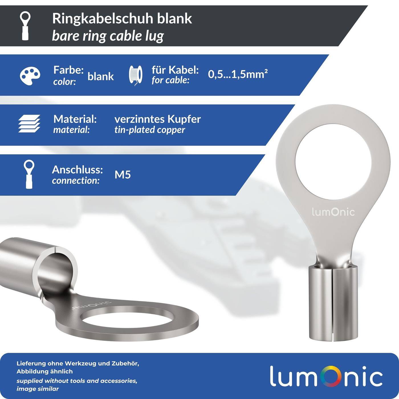 Lumonic 25x Ringkabelschuh 0,5-1,5mm² blank | M5 | Kupfer verzinnt | sichere Kabelverbindung ohne Löten | Crimp-Kabelschuh unisoliert | KFZ, Maschinenbau, Wohnmobil, Batterie