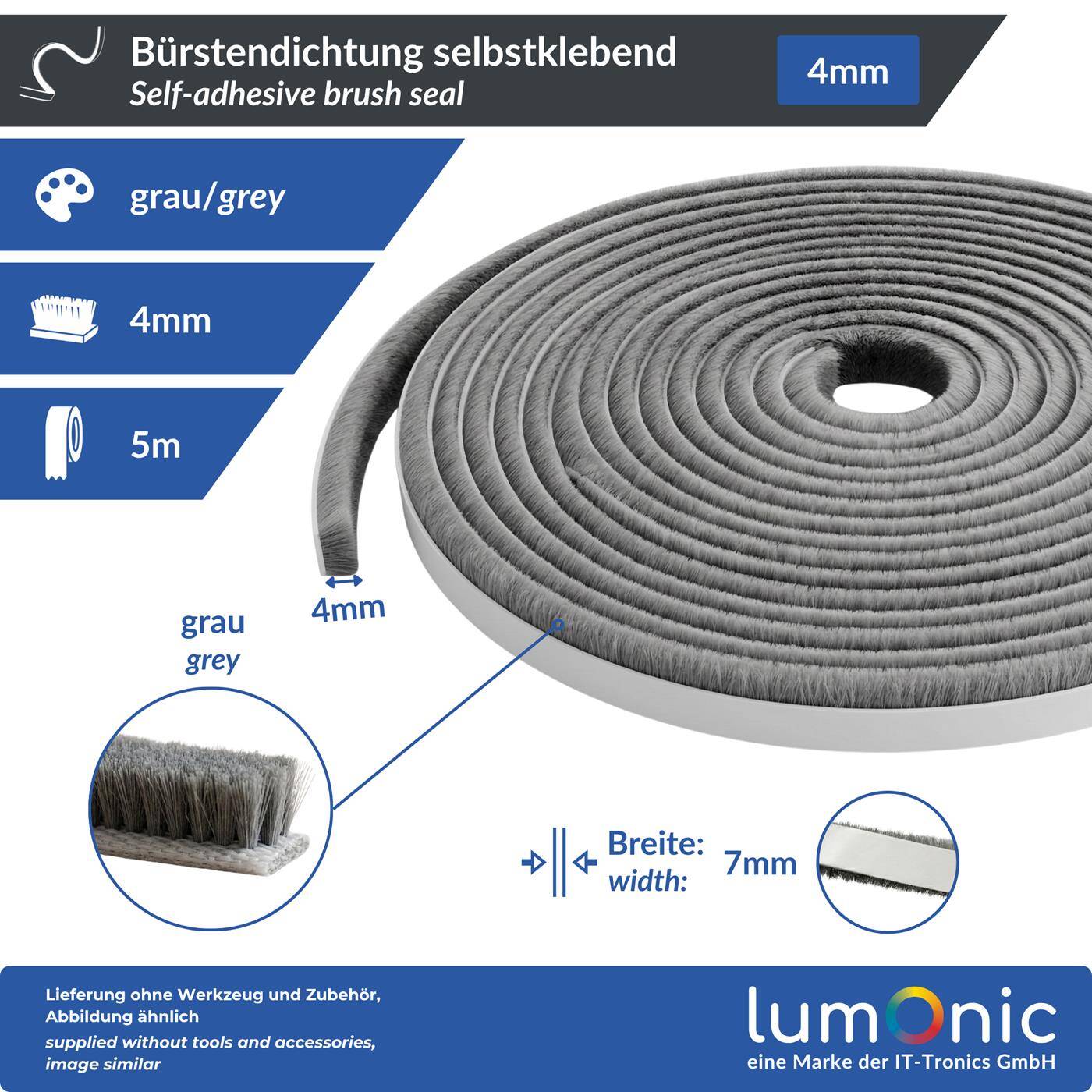Lumonic 5m Brush seal gray 4mm | Self-adhesive + Can be cut to size | Draught excluder, cold protection, insect screen for windows, doors, cupboards