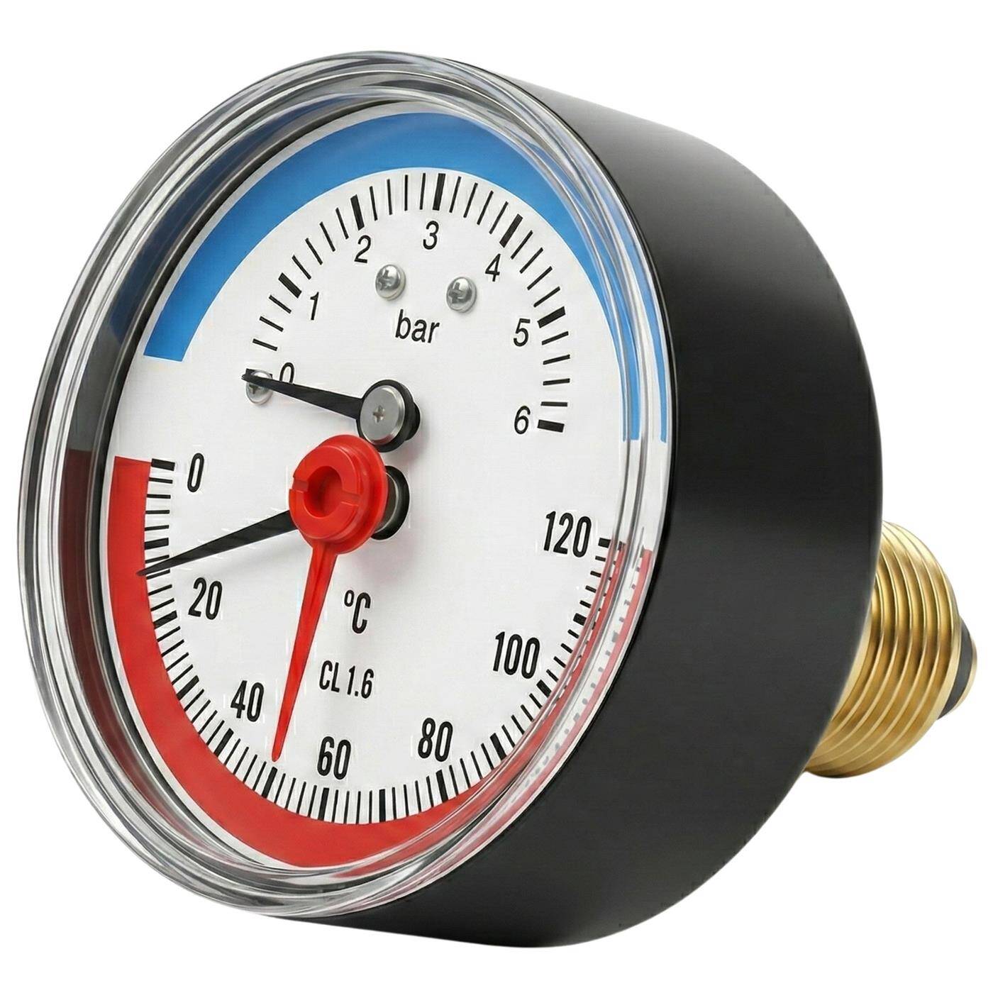 Lumonic Thermomanometer 6bar 0-120°C | 1/4 + 1/2 inch (adapter) | Rear connection | Ø 63mm, large scale | Heating pressure gauge | Metal housing
