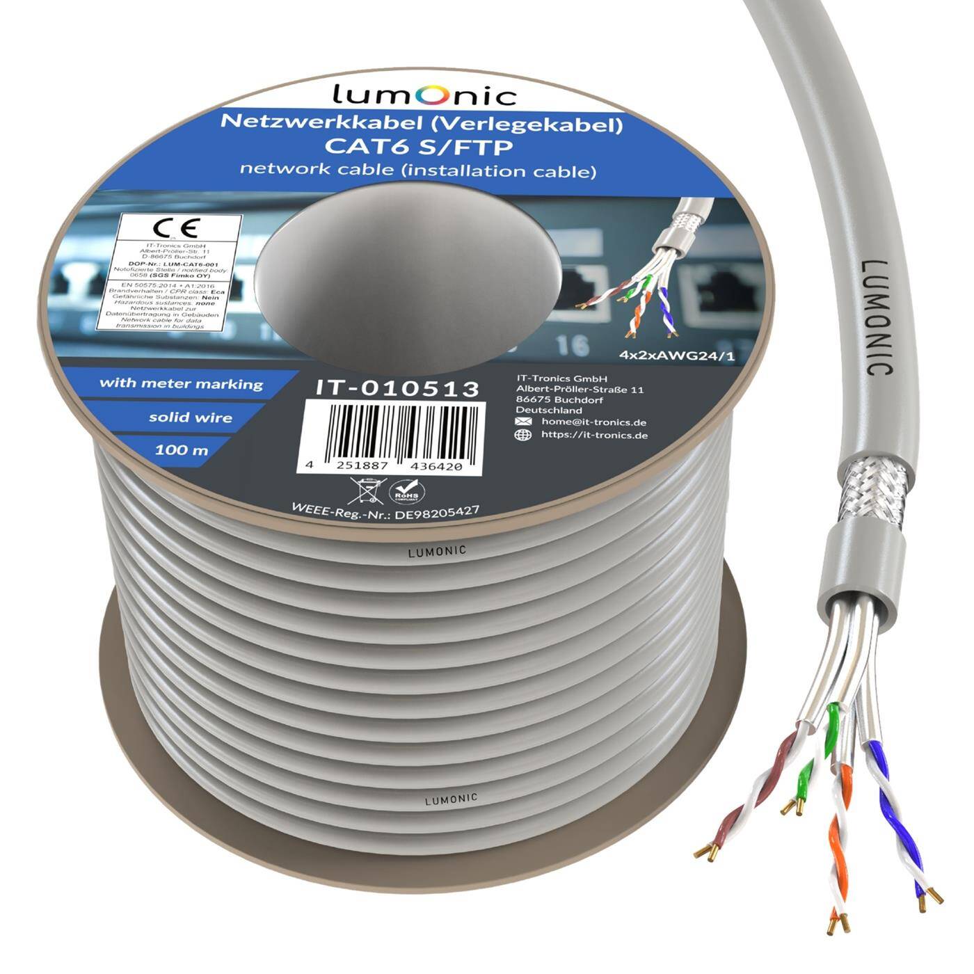 Lumonic LAN Netzwerkkabel 100m | LAN Kabel CAT6 S/FTP | Verlegekabel 4x 2x AWG24/1 (starr) | 250MHz 10 Gbit/s Ethernet