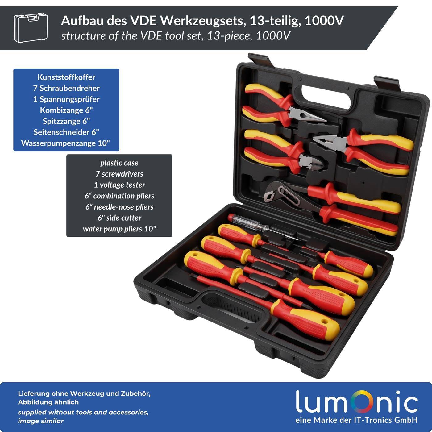 Lumonic VDE 13-Piece 1000V Tool Set in a Case - 4 pliers (including a water pump pliers), 7 screwdrivers, 250V voltage tester, plastic case, for electricians