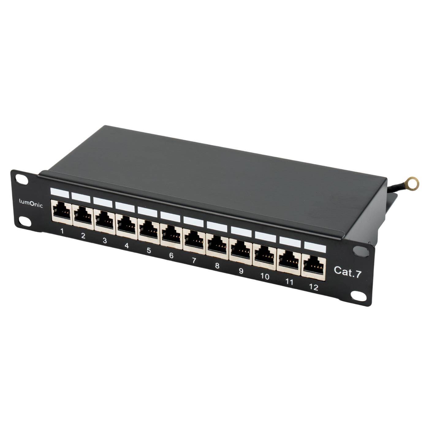 10" Patchpanel CAT7, 12 Port, 1HE mit Beschriftungsfeld, LSA-Montage, T568A/B farbcodiert, Rackmontage, geschirmtes, schwarzes Patchfeld, Kabelmanagement, 10 Gbit/s PoE