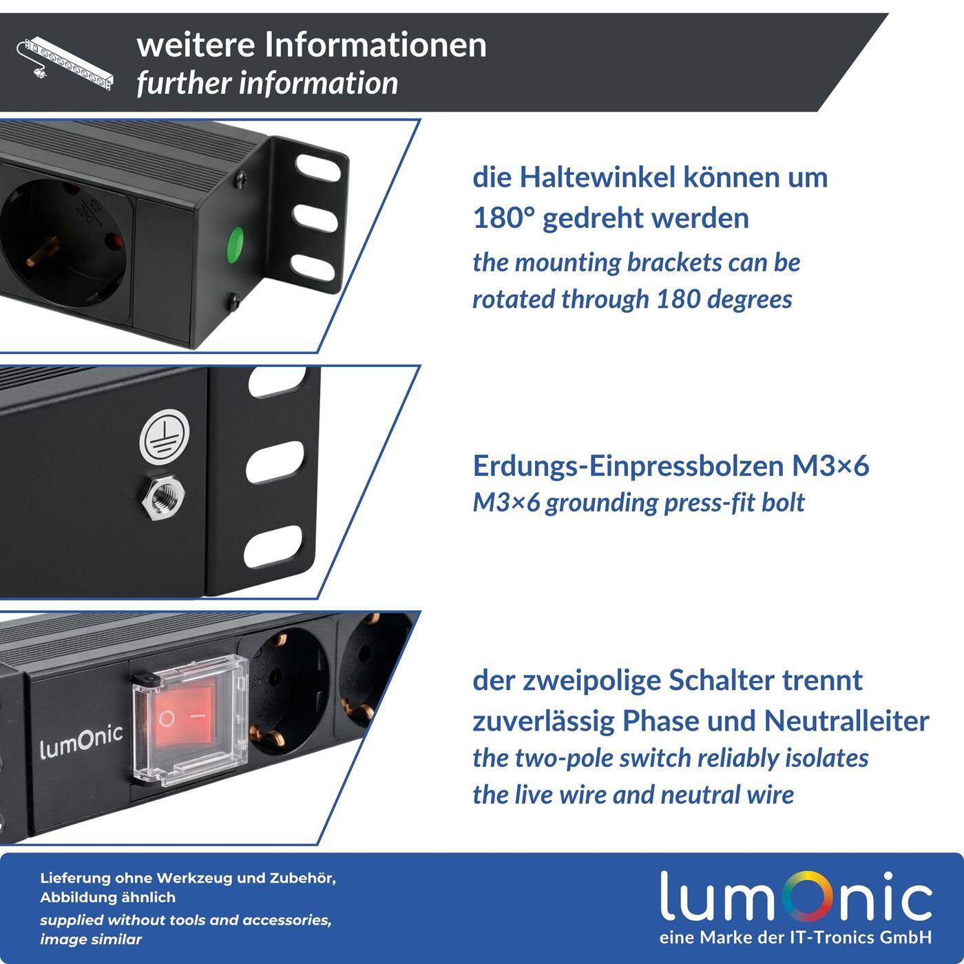 Lumonic 19" Steckdosenleiste | PDU 8-fach | mit Schalter | 1HE, Aluminiumlegierung, schwarz | 2m Anschlusskabel 3G1,5 | 45° Schuko-Steckdose | kurzzeitig max. 3680W | Rack, Serverschrank